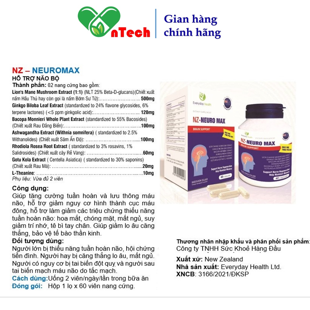 Viên uống bổ não Everyday Health NZ - NEURO MAX tăng cường tuần hoàn não cải thiện trí lực và thị lực hộp 60 viên