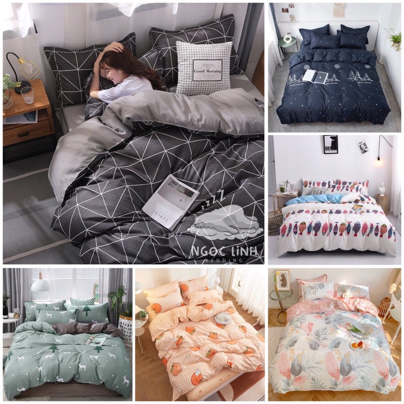 Bộ chăn ga gối Cotton Poly Mei Bedding hoạ tiết dễ thương Hàn Quốc gồm 2 vỏ gối ,1 drap giường và 1 vỏ chăn