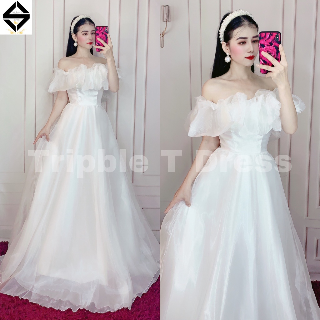 Đầm maxi voan kính nhún bèo bẹt vai TRIPBLE T DRESS - MS334V -size M/L