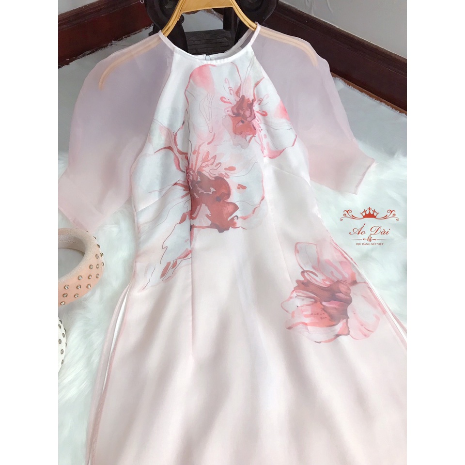 Áo dài cách tân nữ tơ hoa màu hồng màu trắng nhẹ nhàng chụp ảnh xinh áo dài đi cưới áo dài tết VINNA