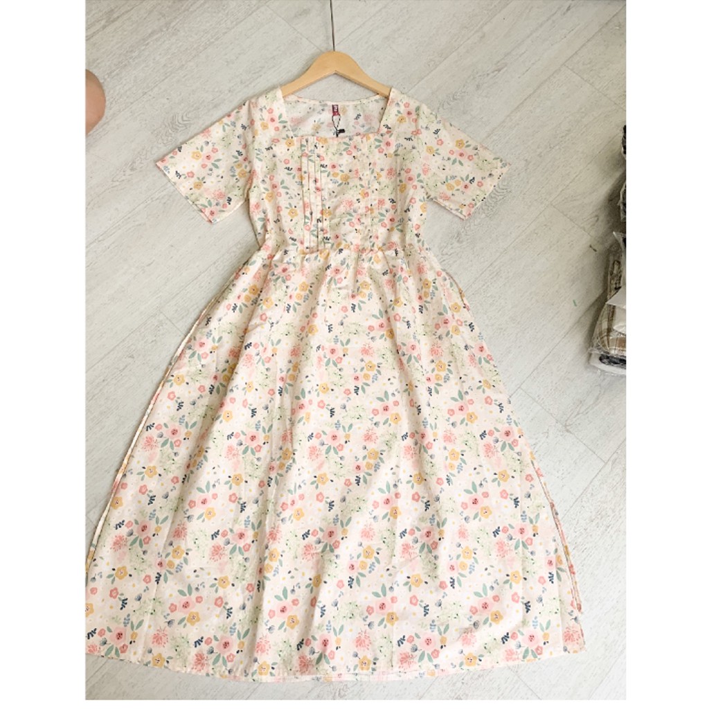 Váy babydoll hoa nhí cổ vuông xếp li ngực ulzzang, Đầm dự tiệc ulzzang hoa nhí dáng rộng chất thô lụa ngọt ngào -V9005 | BigBuy360 - bigbuy360.vn