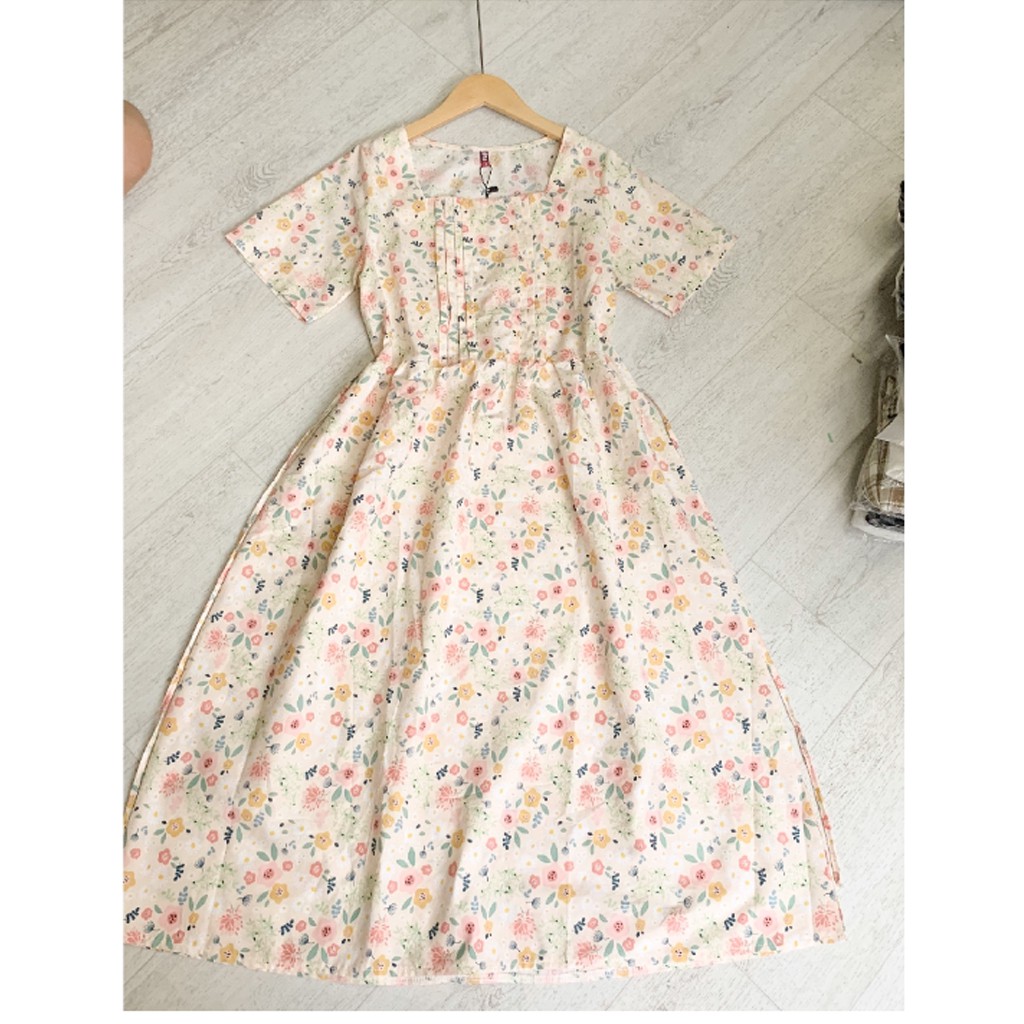 Váy babydoll hoa nhí cổ vuông xếp li ngực ulzzang, Đầm dự tiệc ulzzang hoa nhí dáng rộng chất thô lụa ngọt ngào -V9005