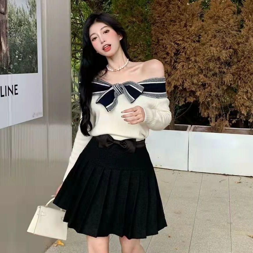 Áo dệt kim một bên vai đính nơ phong cách Hàn Quốc mới năm 2021