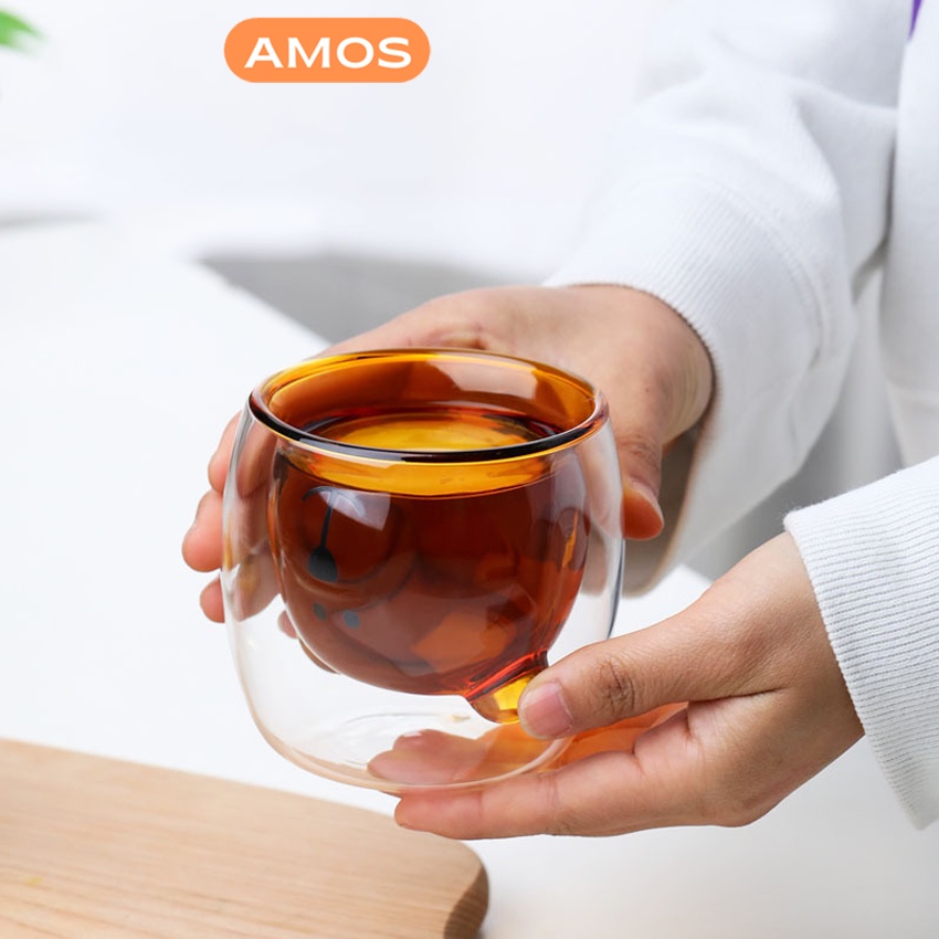 Ly thủy tinh AMOS cốc thủy tinh hình gấu cute, ly thủy tinh 2 lớp chống nóng 250ml