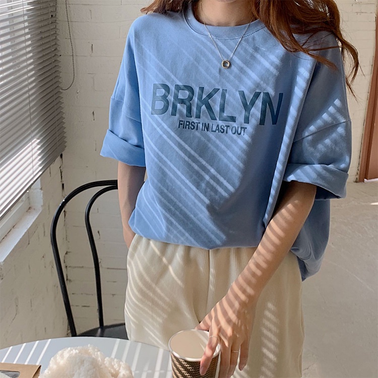 Hellomida Áo Thun Nữ Dáng Rộng In Cổ Tròn Tay Ngắn Casual