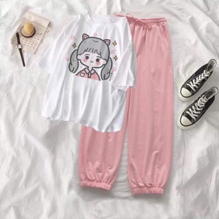Set bộ cô cậu bé quần bom chun gấu-Set áo thun tay lỡ quần bom unisex uzzlag