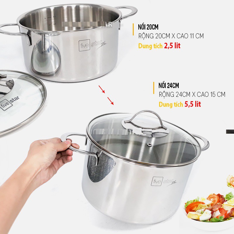 Bộ nồi 3 lớp đáy liền inox 304 Fivestar Plus quai oval nắp kính , tặng 1 vá canh