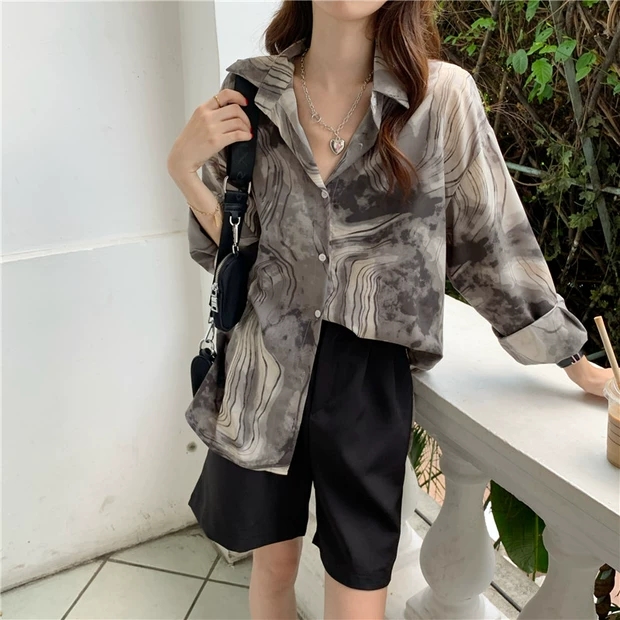 Áo Sơ Mi Dài Tay Dáng Rộng In Họa Tiết Retro Cá Tính