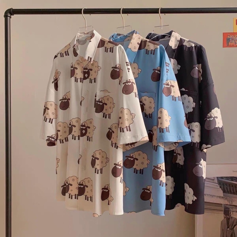 Áo Sơmi Tay Lở Unisex Hoạ Tiết Cừu