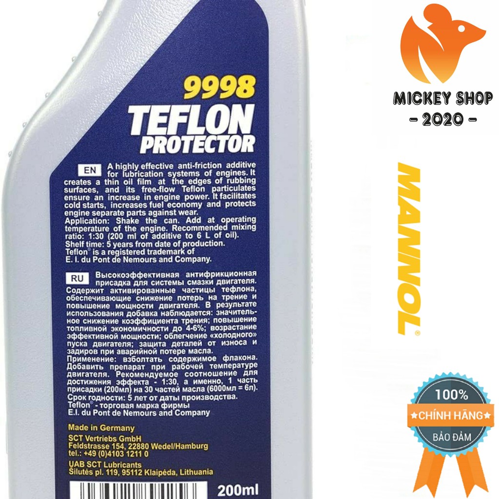 [Pro] Tăng Độ Trơn Và Giảm Ma Sát Tối Đa Cho Động Cơ MANNOL 9998–200ML Teflon Protector, Hàng Chính Hãng -Mickey2020shop