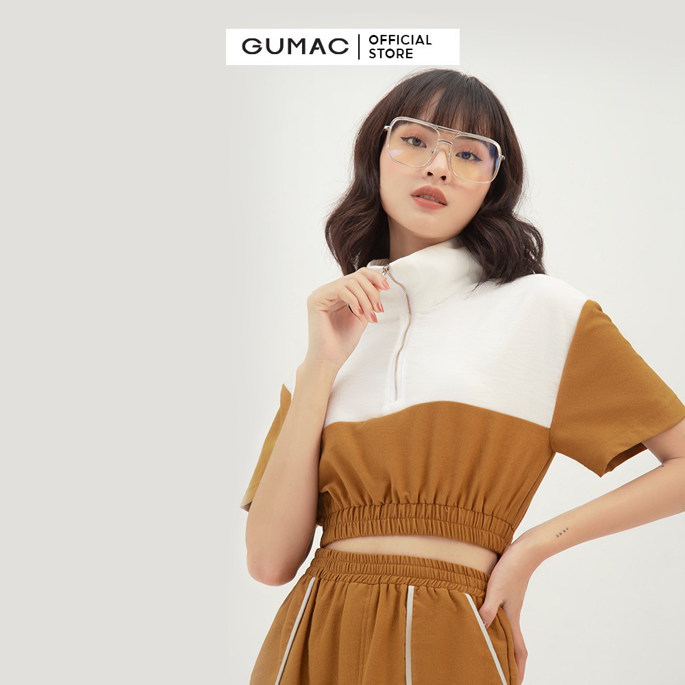 [Mã WABRGUM giảm 10% tối đa 30K đơn 99K] Áo thun croptop nữ tay ngắn phối dây kéo GUMAC màu nâu, đủ size AB319