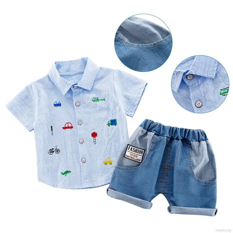 Bộ áo sơ mi cotton ngắn tay in hình ô tô hoạt hình và quần short cho bé trai