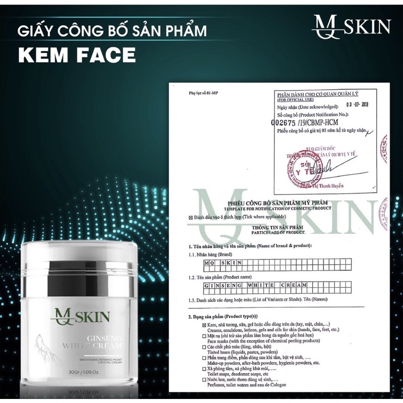 Kem Face Nhân Sâm Mqskin,Kem dưỡng trắng, phục hồi da sau tái tạo, ngăn ngừa mụn nám