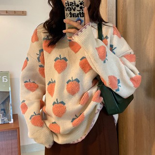 (ORDER) Áo len nữ form thụng họa tiết quả đào màu cam đáng yêu nhẹ nhàng Hàn Quốc vintage ( HÀNG_MỚI )