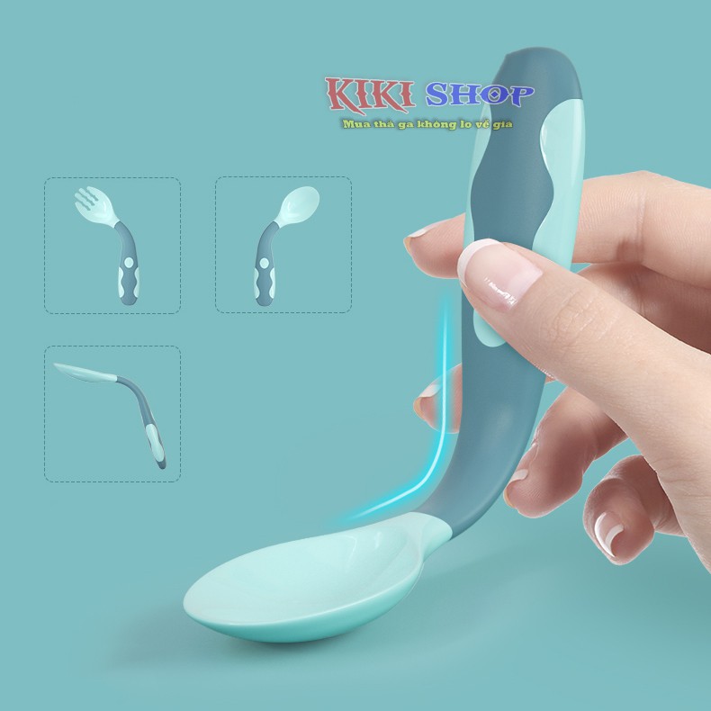 Thìa ăn dặm cho bé ZIYI, thìa dĩa uốn cong silicon, muống ăn dặm kèm hộp đựng cho bé, Kiki shop