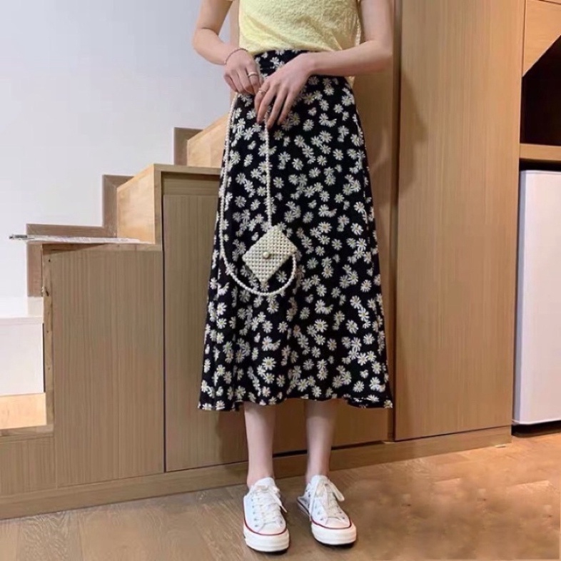 Chân váy dài midi hoa nhí siêu hot chất mát, phom đẹp, nội y xanh