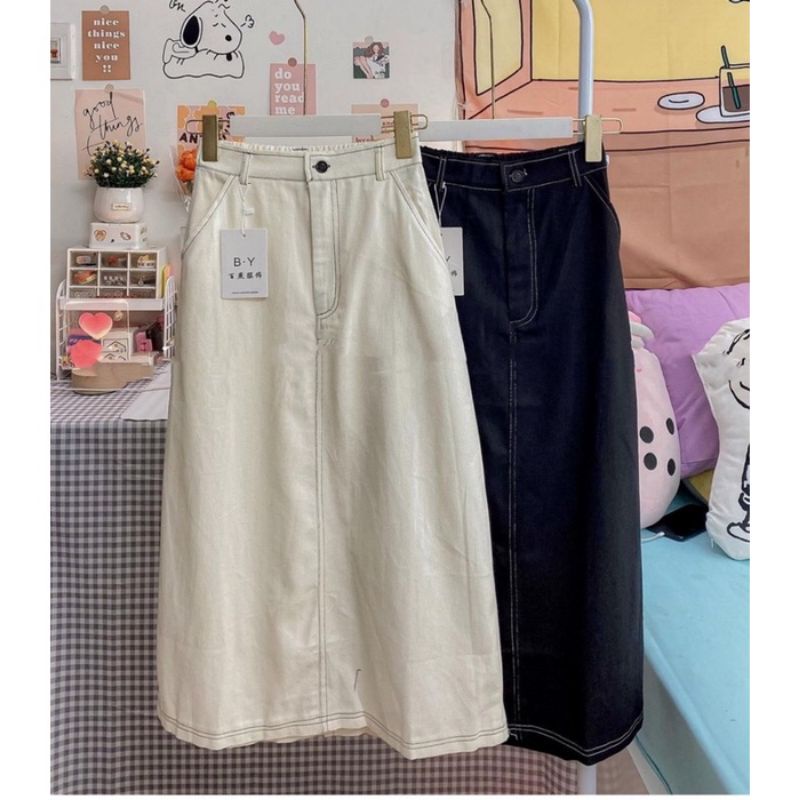 (Sẵn/Ảnh thật) Chân váy bò đen Ulzzang chỉ nổi phong cách Hàn Quốc. Chân váy Hàn Quốc cạp chun xẻ tà | BigBuy360 - bigbuy360.vn