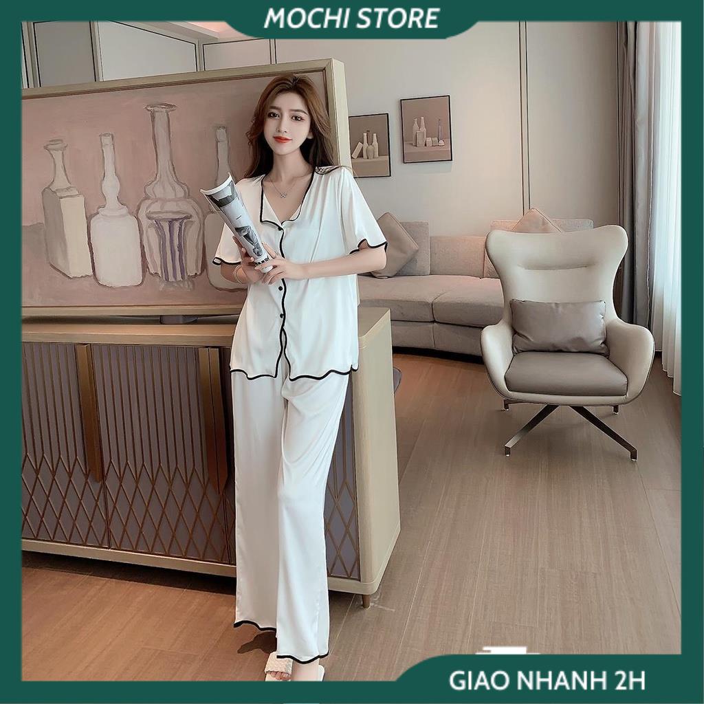 Đồ Pijama, Đồ Bộ Nữ, Bộ Áo Nữ Tay Ngắn Phối Màu Quần Dài Lượn Sóng Chất Lụa Satin Màu Trơn Thời Trang Mặc Nhà Trẻ Trung | BigBuy360 - bigbuy360.vn
