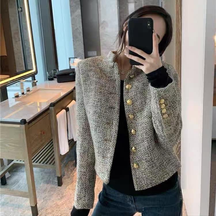 Áo dạ muối tiêu cổ tròn cúc ngọc cao cấp áo tweed nữ thu đông TL140