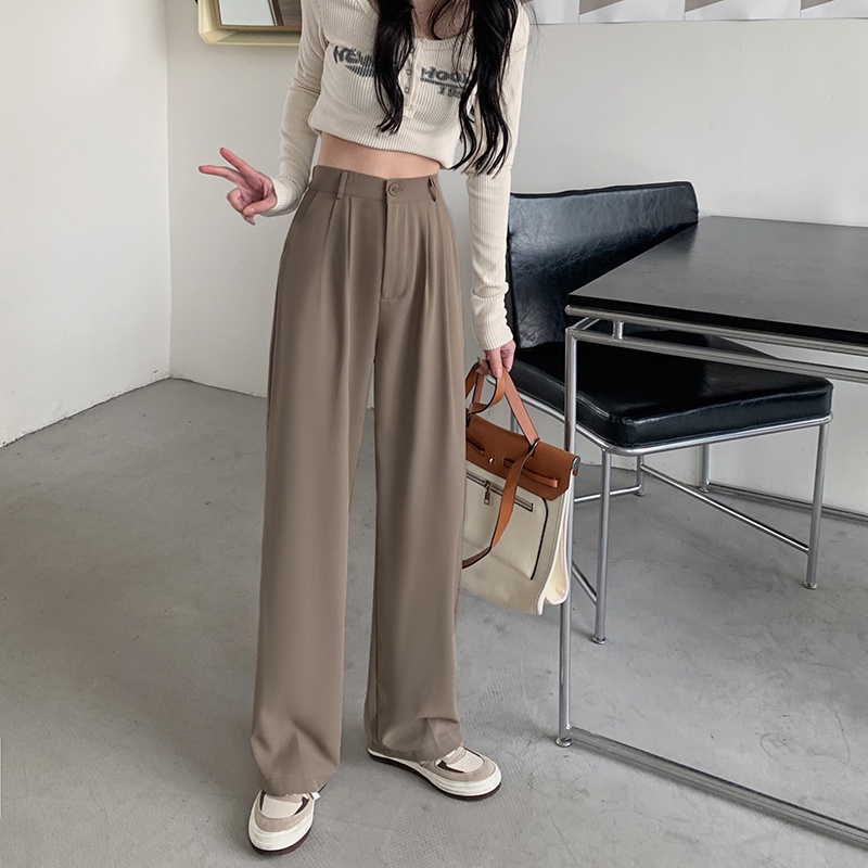 Quần dài SUXI lưng cao ống rộng màu trơn thời trang thanh lịch cho nữ