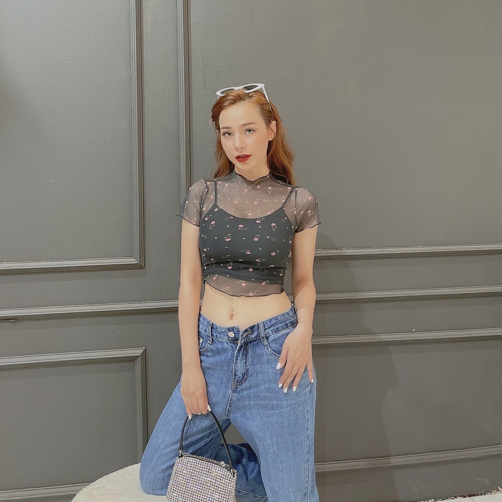 Áo croptop lưới 2 lớp họa tiết xinh/ Croptop 2 lớp siêu xinh