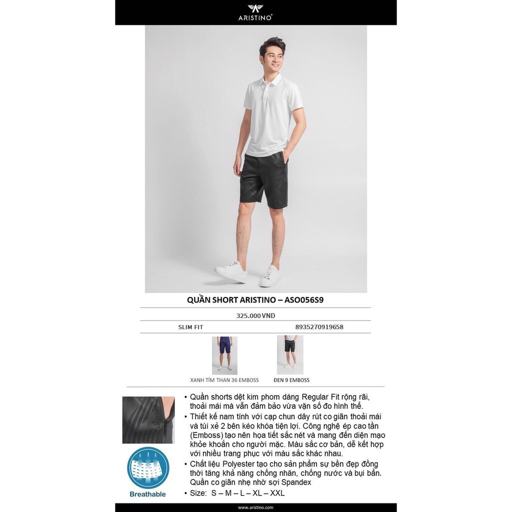 Quần short thể thao ARISTINO- aso056s9 cạp chun vân ép cao tần không nhăn | BigBuy360 - bigbuy360.vn