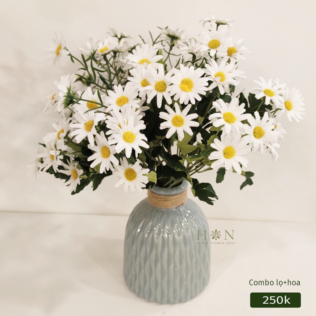 Hoa giả, hoa lụa - Combo bình + hoa cúc họa mi giả trang trí, cao 35cm - Han decor