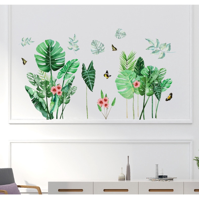 Decal trang trí tường - Lá dương xỉ và những bông hoa hồng nhỏ