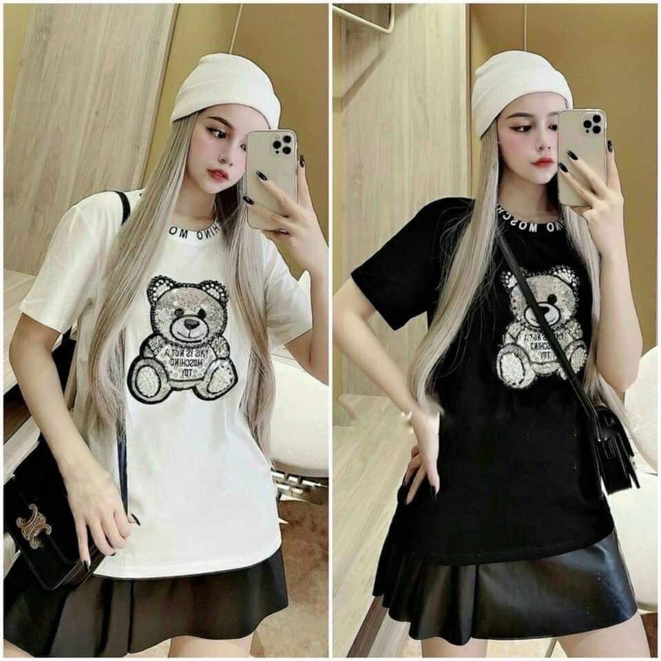 Áo Phông Nữ Phom Rộng , Áo Pull Gấu Đính Kim Sa Siêu Hót Chất Mát Mịn Co Dãn 4 Chiều