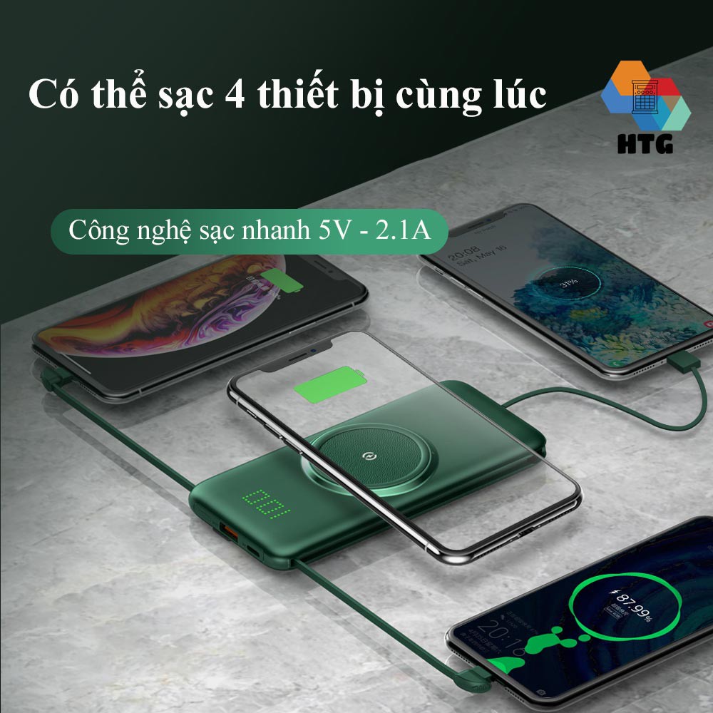 Pin sạc dự phòng 20000 mAh Cyke P1 Plus tích hợp 3 dây sạc nhanh cùng với sạc không dây