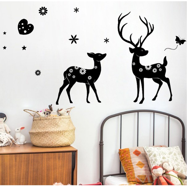 Decal trang trí tường - Cặp Nai Đen Nhí hoa văn xinh xinh