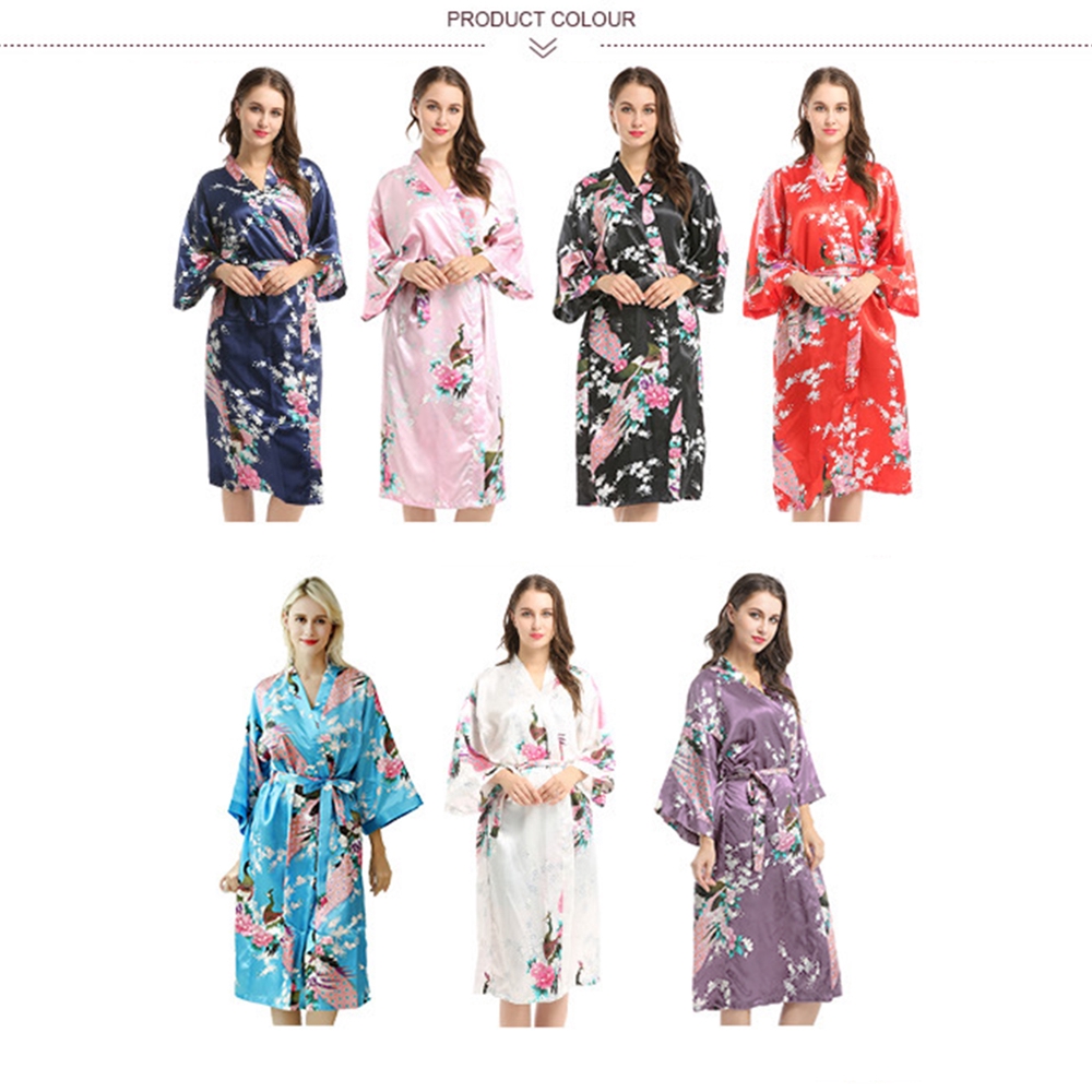 Áo choàng ngủ kimono vải lụa satin in họa tiết hoa và chim công thời trang phối dây thắt lưng