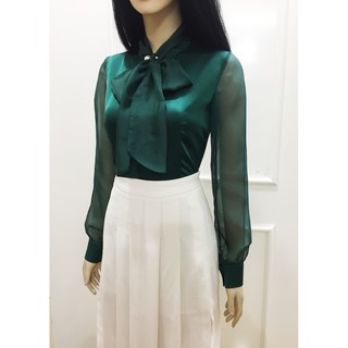 Áo sơ mi nữ màu xanh thắt nơ💖Freeship - Ảnh thật💖Áo lụa tay voan vải cao cấp
