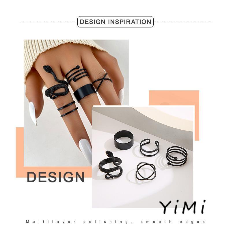 Set 5 Nhẫn Hình Rắn Đen Hở Có Thể Điều Chỉnh Kích Cỡ Cho Nữ
