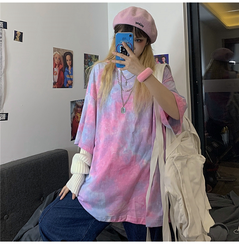 SUXI Áo Thun Tay Ngắn Phối Màu Nhuộm Độc Đáo Cá Tính Phong Cách Retro Hàn Quốc