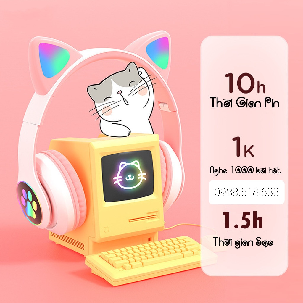 Tai Nghe Mèo Bluetooth Chụp Tai, Headphone Tai Mèo Dễ Thương Có Mic, Âm Bass Mạnh Mẽ, Nghe Nhạc Cực Hay Chơi Game Cực Đã