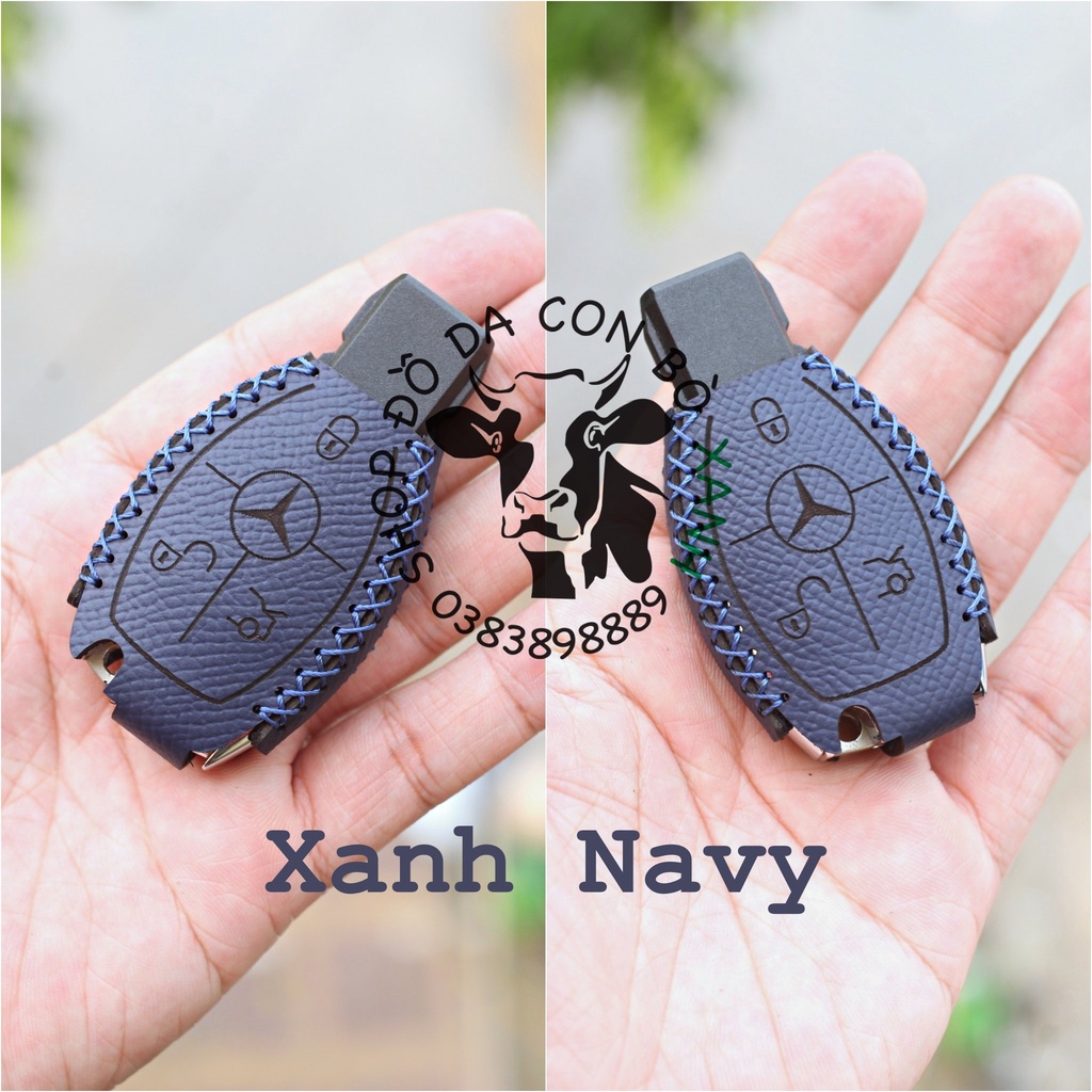 [Xanh navy] Bao da chìa khoá Mercedes handmade da thật, bao da chìa khoá Mec 001