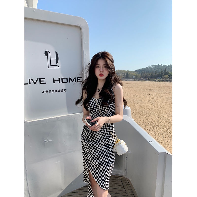JSC Jiashucheng Đầm Dài Hai Dây Dáng Ôm Họa Tiết Kẻ Sọc Phong Cách Retro Mùa Hè Mới Cho Nữ