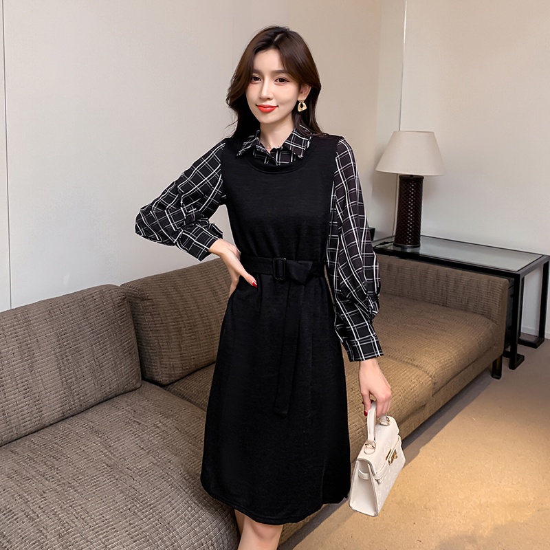 Đầm dáng dài ⚡️𝐁𝐈𝐆𝐒𝐈𝐙𝐄⚡️ Váy Giả Hai nữ kẻ sọc caro Cổ bẻ Thắt Eo tay dài Phong cách Hàn Quốc Thời Trang cá tính xinh đẹp quảng châu cao cấp