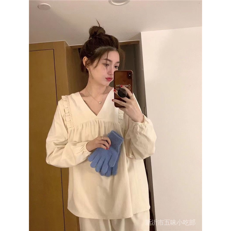 Bộ Đồ Ngủ Tay Dài Cổ Chữ V Dáng Rộng Thời Trang Thu Đông Phong Cách Pháp Mới Cho Nữ