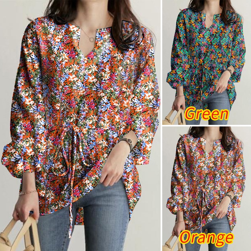 Áo ZANZEA tay dài in họa tiết thiết kế eo dây rút cổ tay thun thời trang thường ngày cho nữ