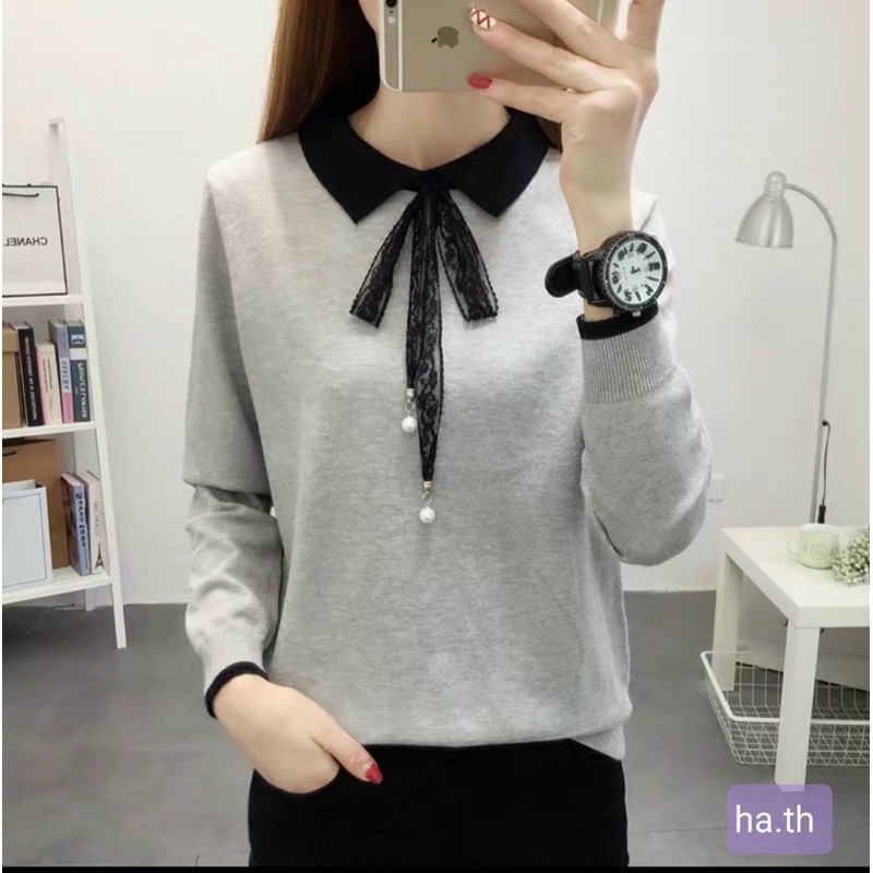 Áo len nữ dài tay cổ đức nơ ren đính ngọc, áo len đẹp  sẵn hàng tại shop