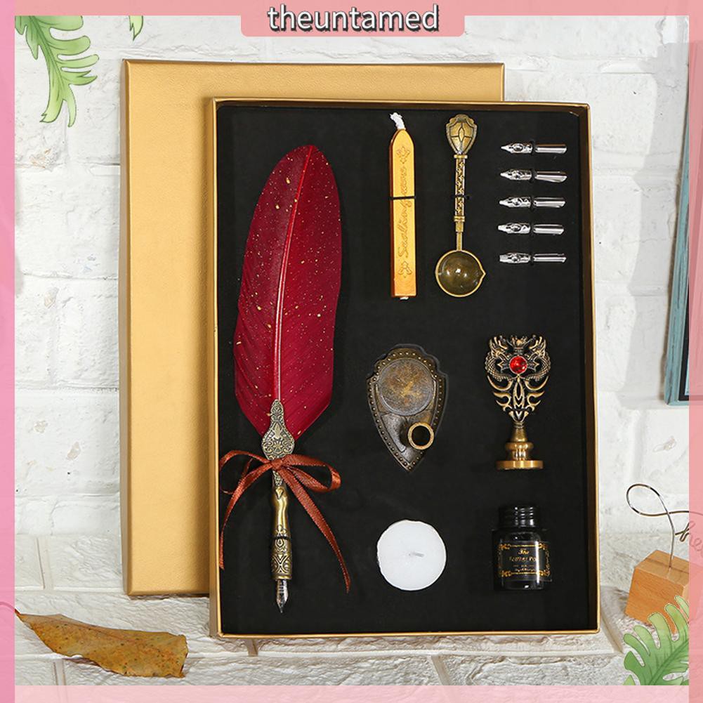 Set bút máy thiết kế hình lông vũ phong cách retro