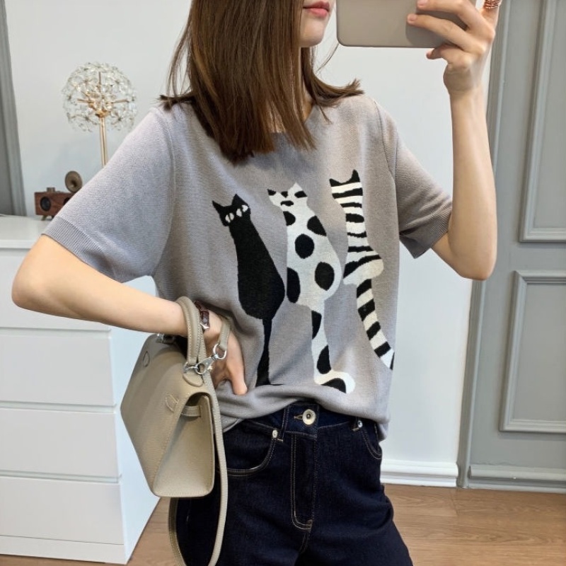 Áo Thun Dệt Kim Mỏng Dáng Rộng Tay Ngắn In Hình Mèo Phong Cách Retro Dành Cho Nữ