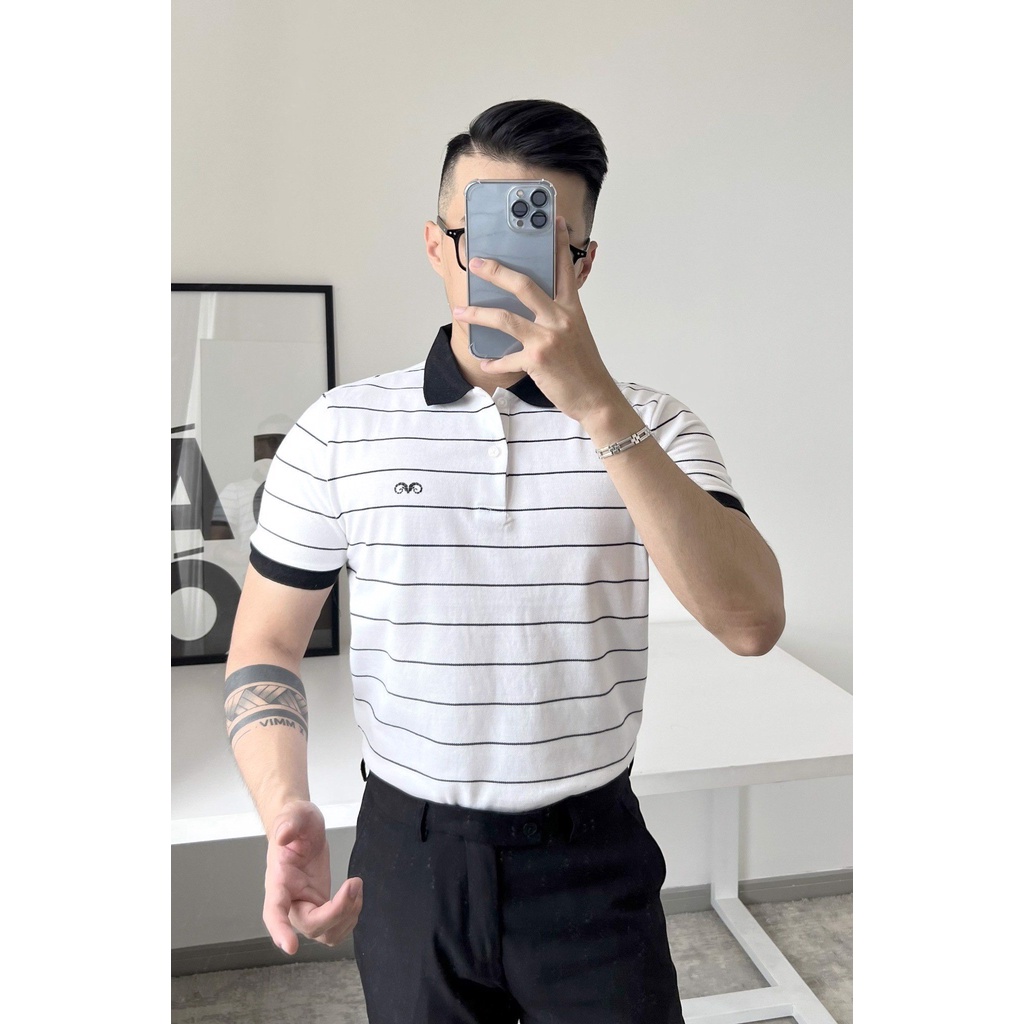 Áo Polo Americus Gosani Sọc Ngang Chất Liệu Cotton Màu Trắng Và Xanh Đen