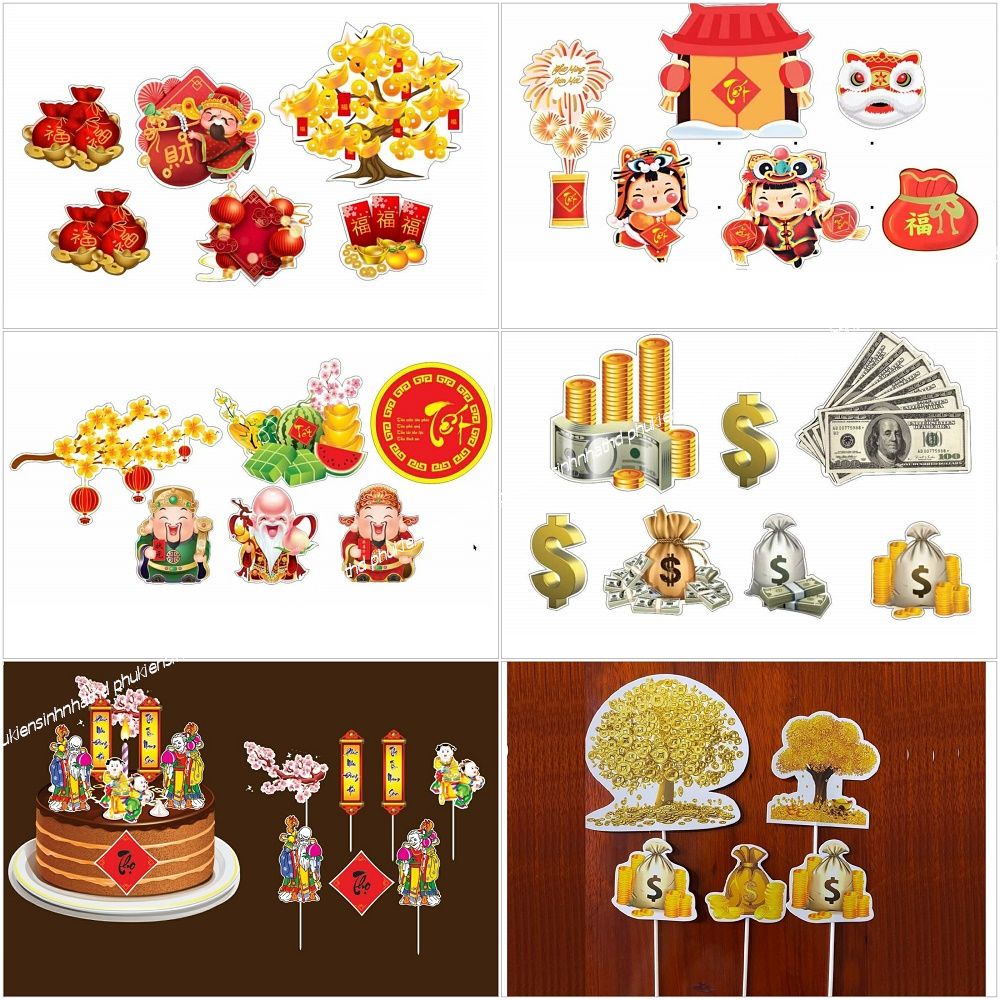 Set giấy Tết 2022, set cắm giấy năm mới , mừng thọ trang trí bánh kem