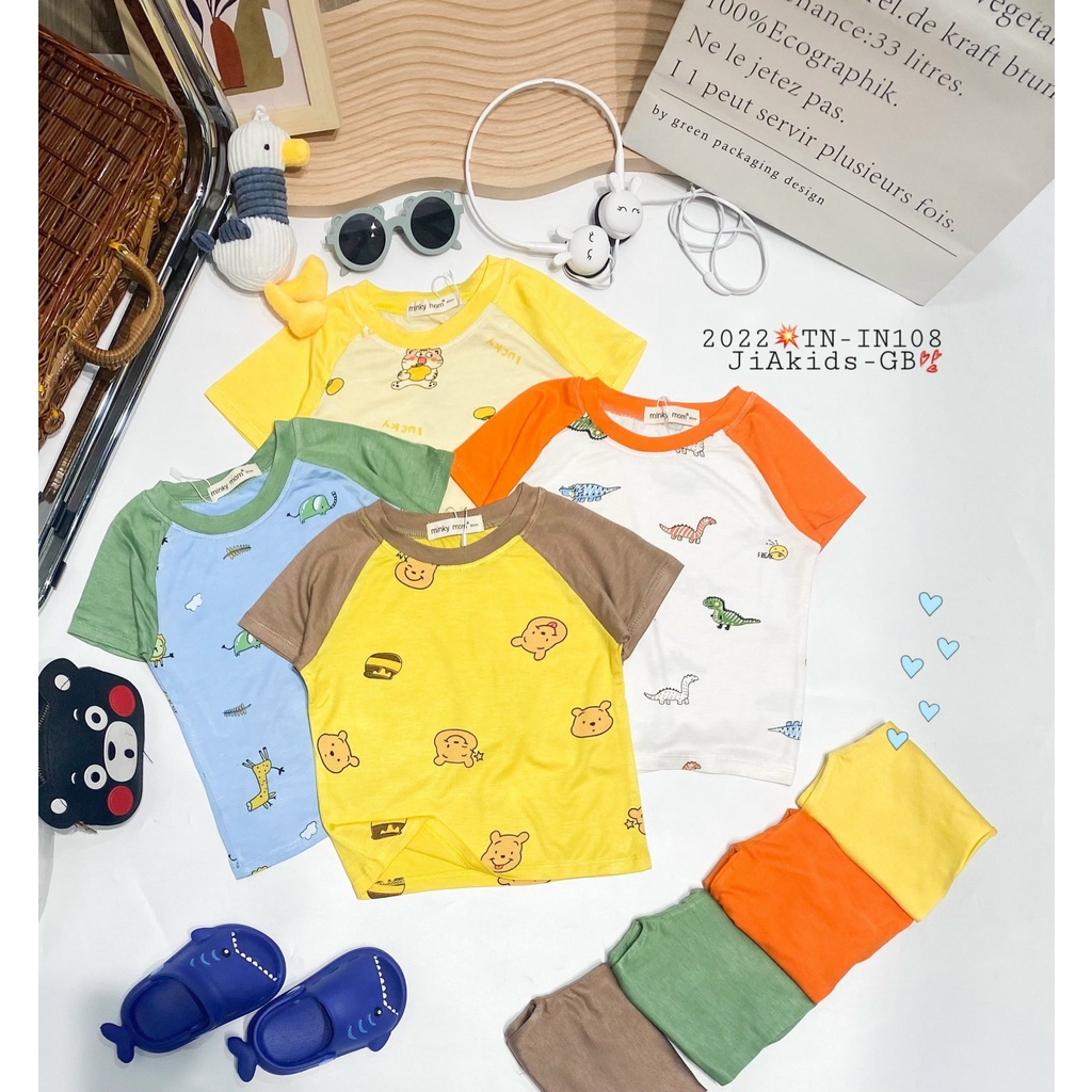 Bộ Ngắn Tay Quần Dài THUN LẠNH MINKY MOM Giáp Năng Phối Màu In Hình Động Vật Cho Bé TN-IN108