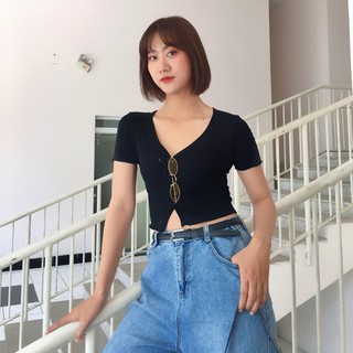 Áo croptop cổ tim sẻ cài khuy nút vải thun gân mềm mịn