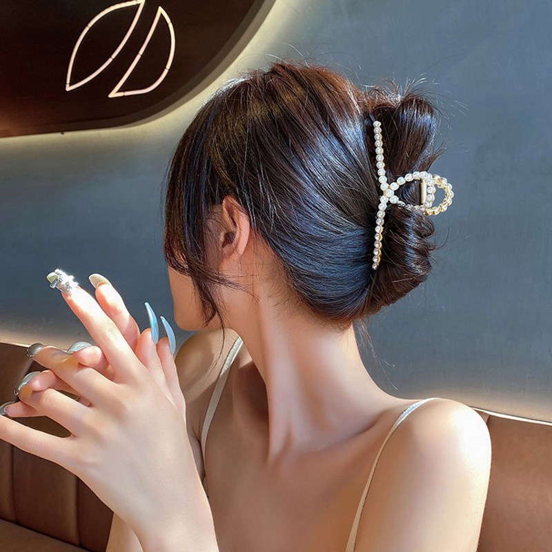 Kẹp tóc càng cua đính đá giả kim cương và ngọc trai nhân tạo thanh lịch phong cách Hàn Quốc thanh lịch size lớn cho nữ