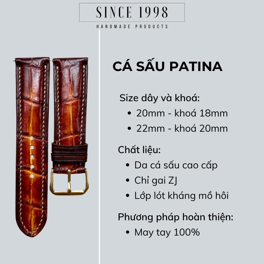 Dây Đồng Hồ Da Cá Sấu Nam 20mm 22mm, Da Thật, Handmade, Chống Nước, Chính Hãng, Màu Patina, Bảo Hành 12 Tháng